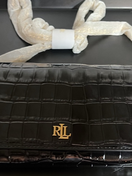 Ralph Lauren Handbags - Ralph Lauren Black Croc-Embossed Wallet Crossbody with Gold RLL Logo